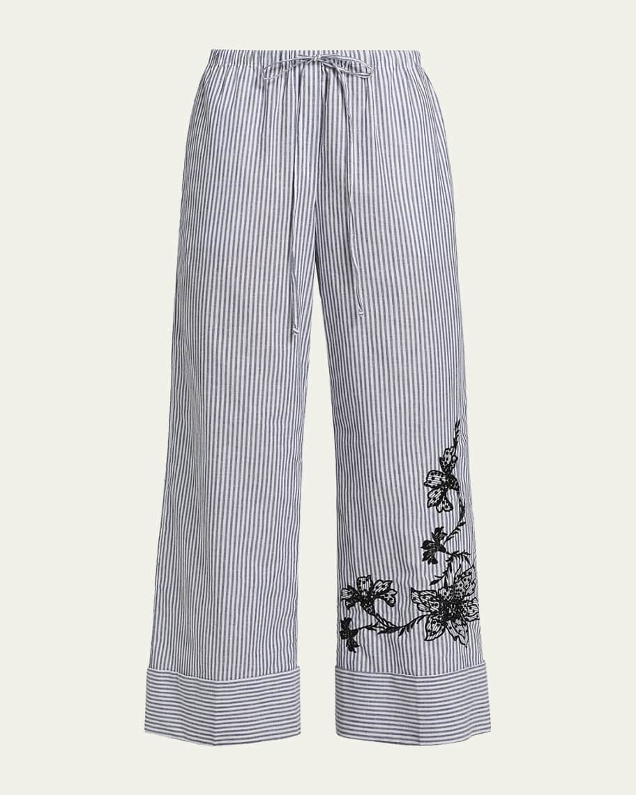 Kobi Halperin Callie Embroidered Striped Wide-Leg Pants | Neiman