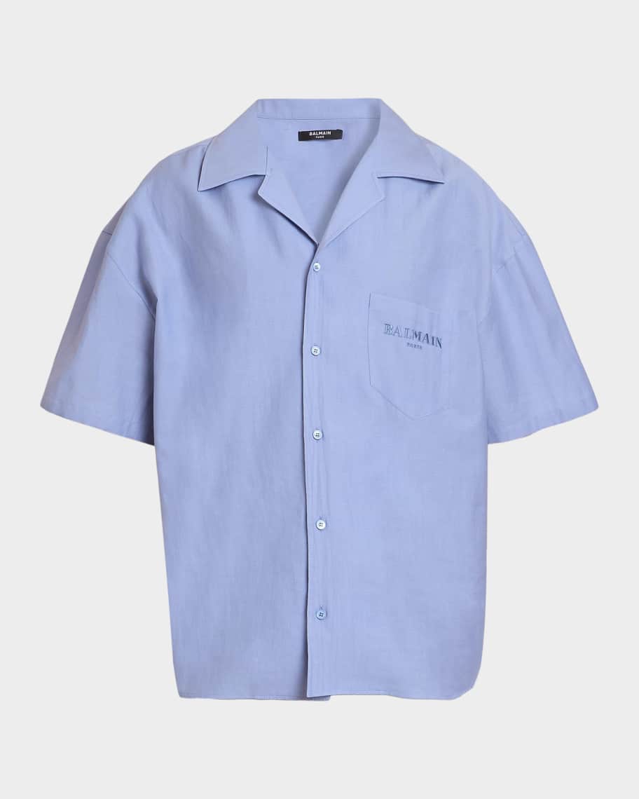 Balmain Men's Herringbone Cotton-Blend Poplin Camp Shirt | Neiman