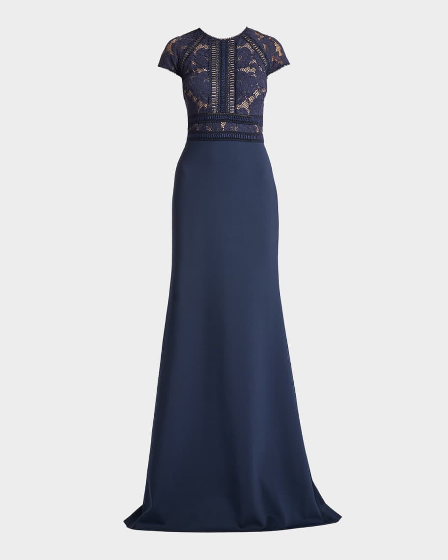新品☆ TADASHI SHOJI サイズ　S 紺色 Tadashi Shoji Braid-Trim Lace & Crepe Gown | Neiman Marcus
