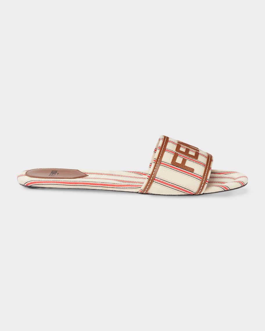Fendi Logo Striped Canvas Slide Sandals | Neiman Marcus
