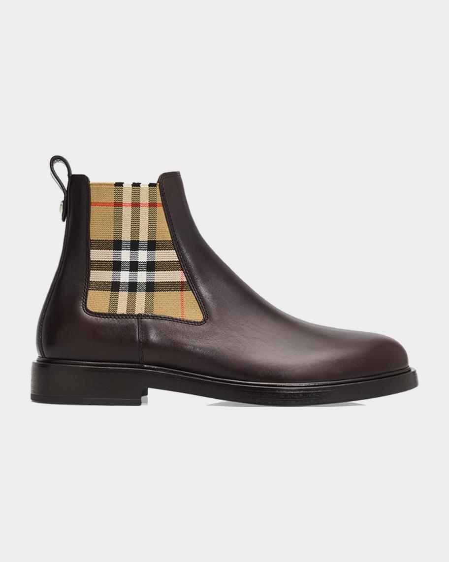 Burberry Men's Pembroke Check Leather Boots | Neiman Marcus