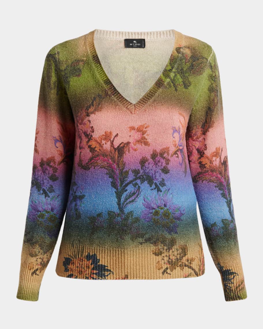 Etro Degrade Floral-Print Wool V-Neck Sweater | Neiman Marcus