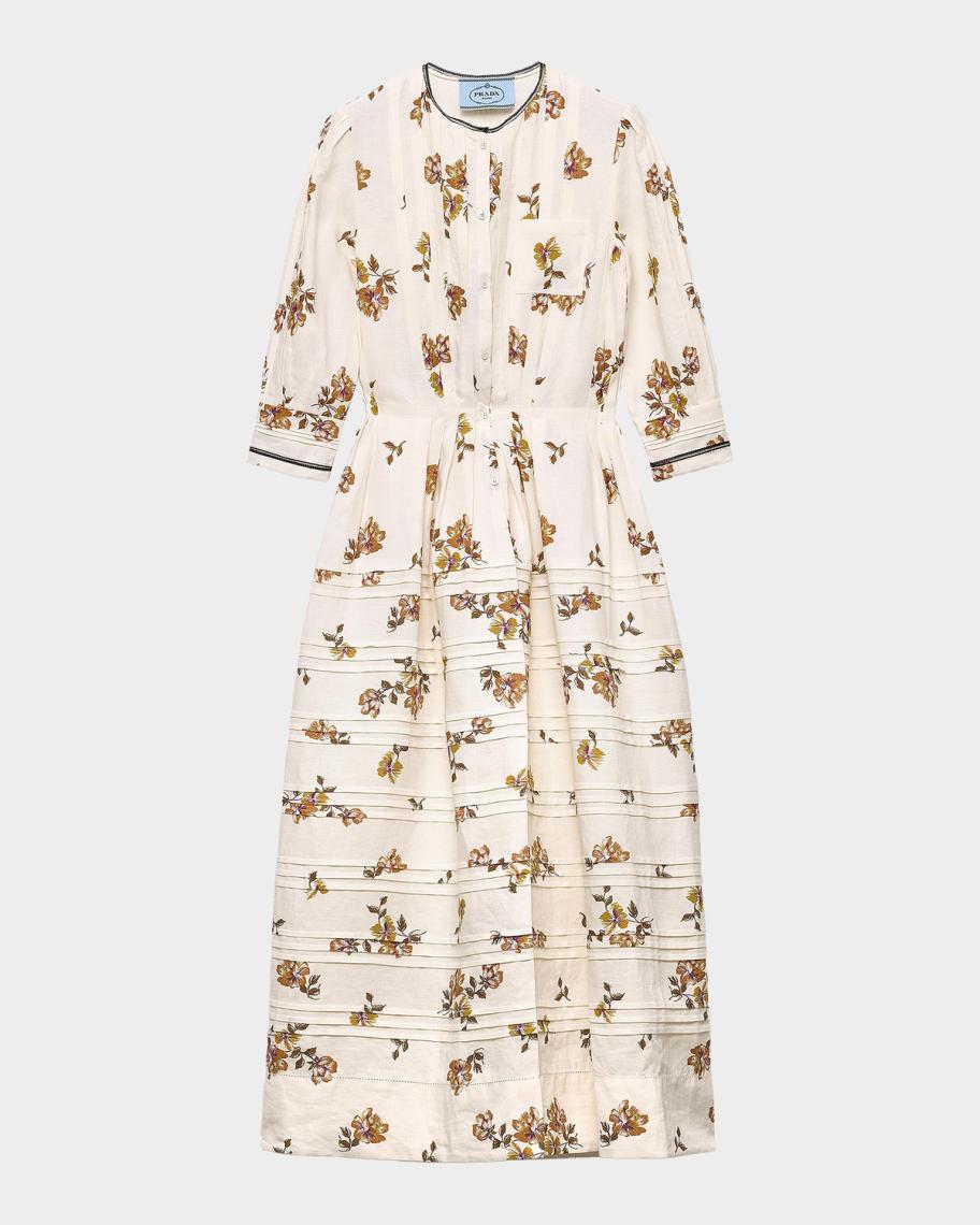 Prada Long Floral-Print Linen Dress with Pintucks | Neiman Marcus