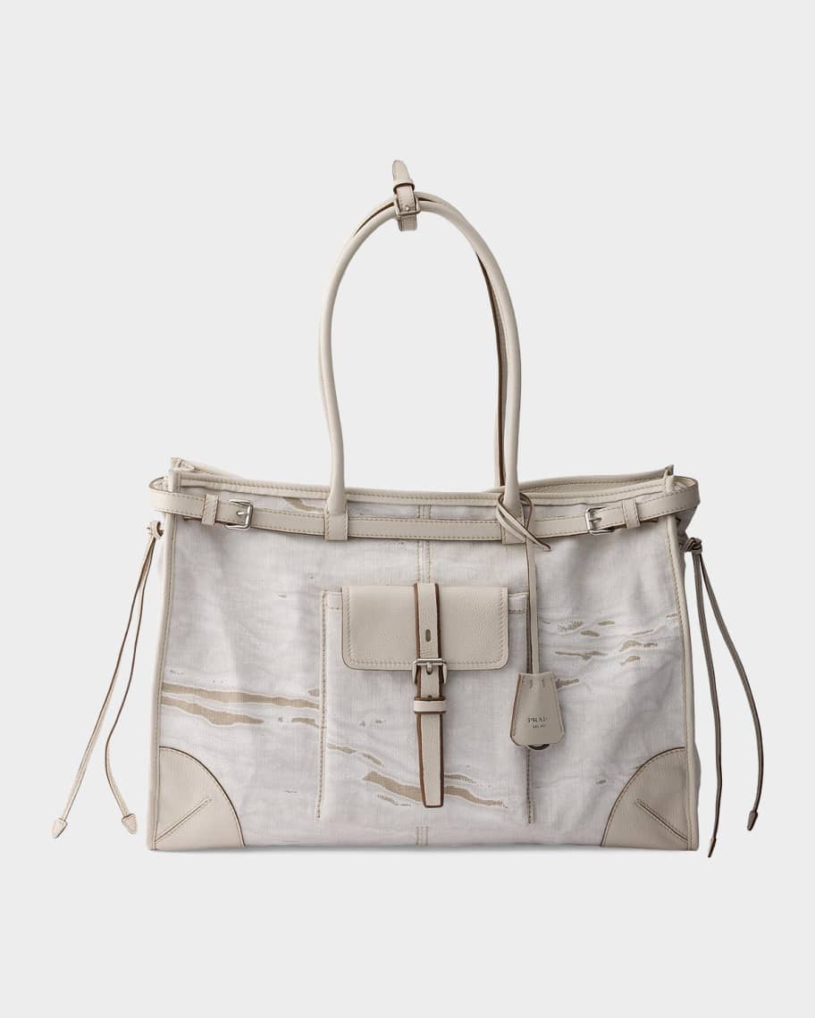 Prada Bonnie Large Printed Linen and Leather Tote Bag | Neiman Marcus