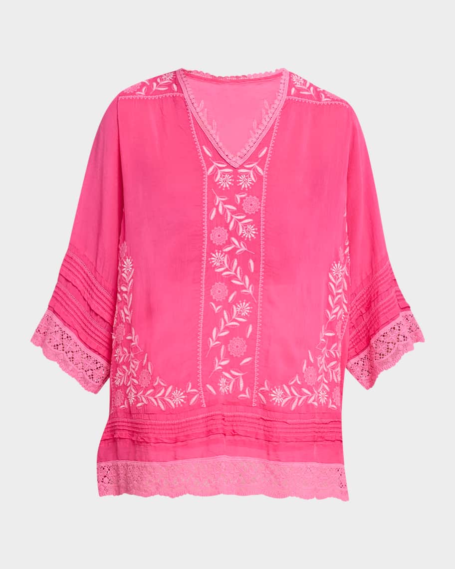 Johnny Was Zyanya Embroidered Lace-Trim Tunic | Neiman Marcus