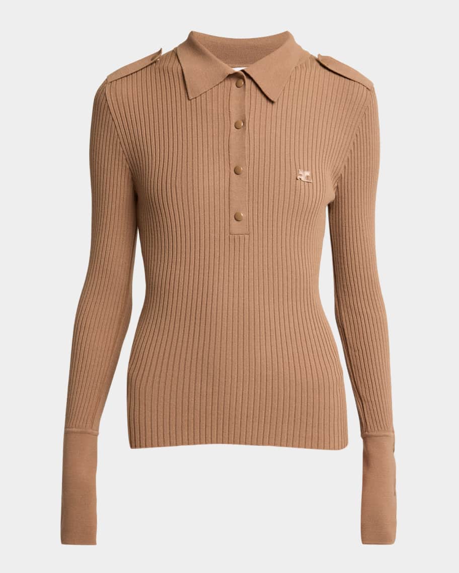Courreges Long-Sleeve Rib Knit Polo Top | Neiman Marcus