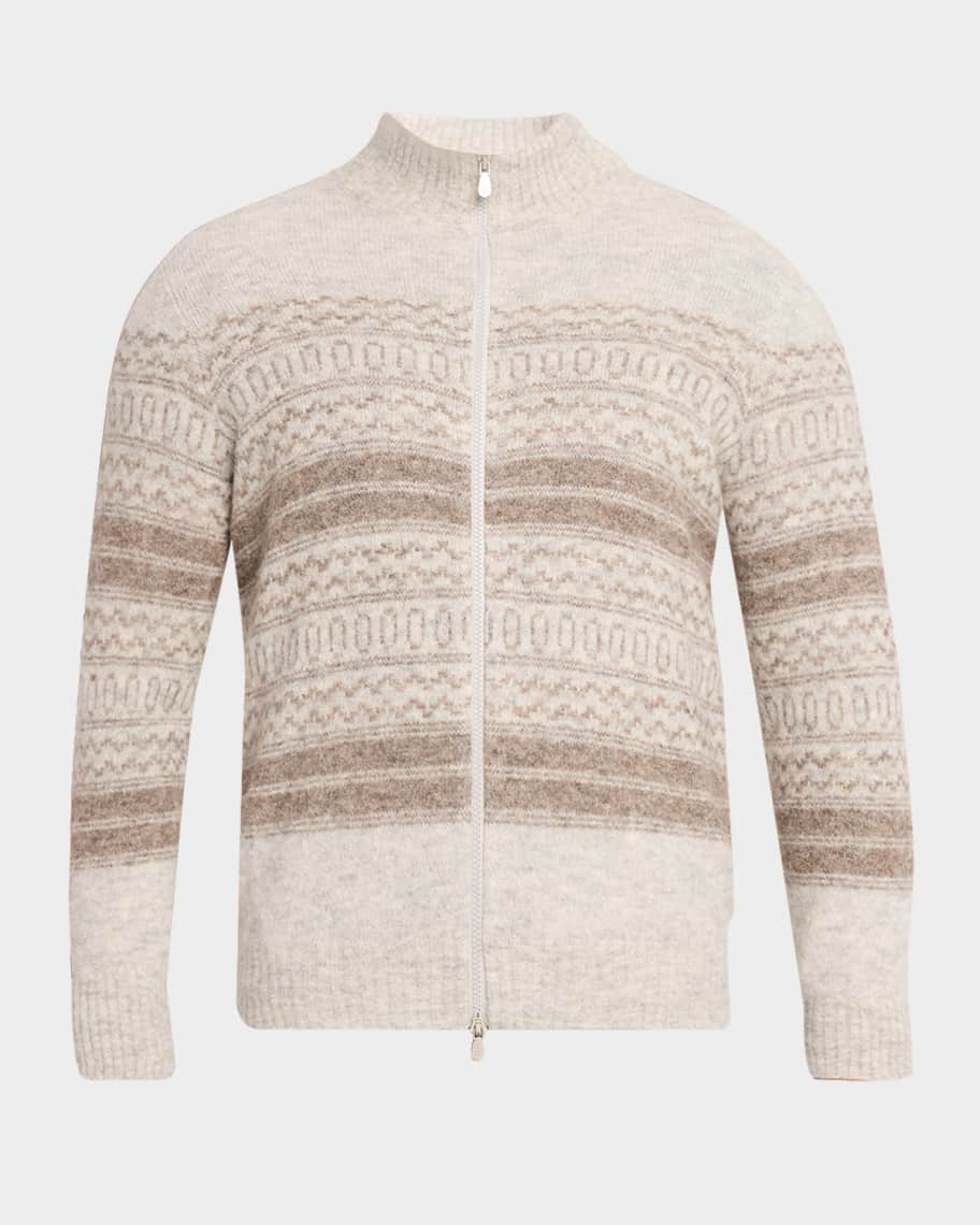 Brunello Cucinelli Men's Geometric Stripe Full-Zip Cardigan