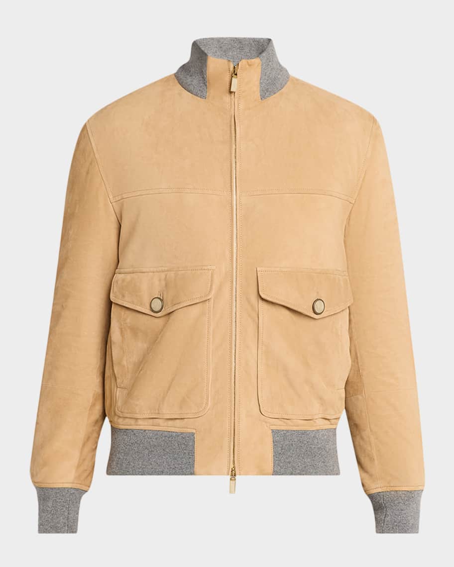 Brunello Cucinelli Men's Suede Knit-Trim Bomber Jacket | Neiman Marcus