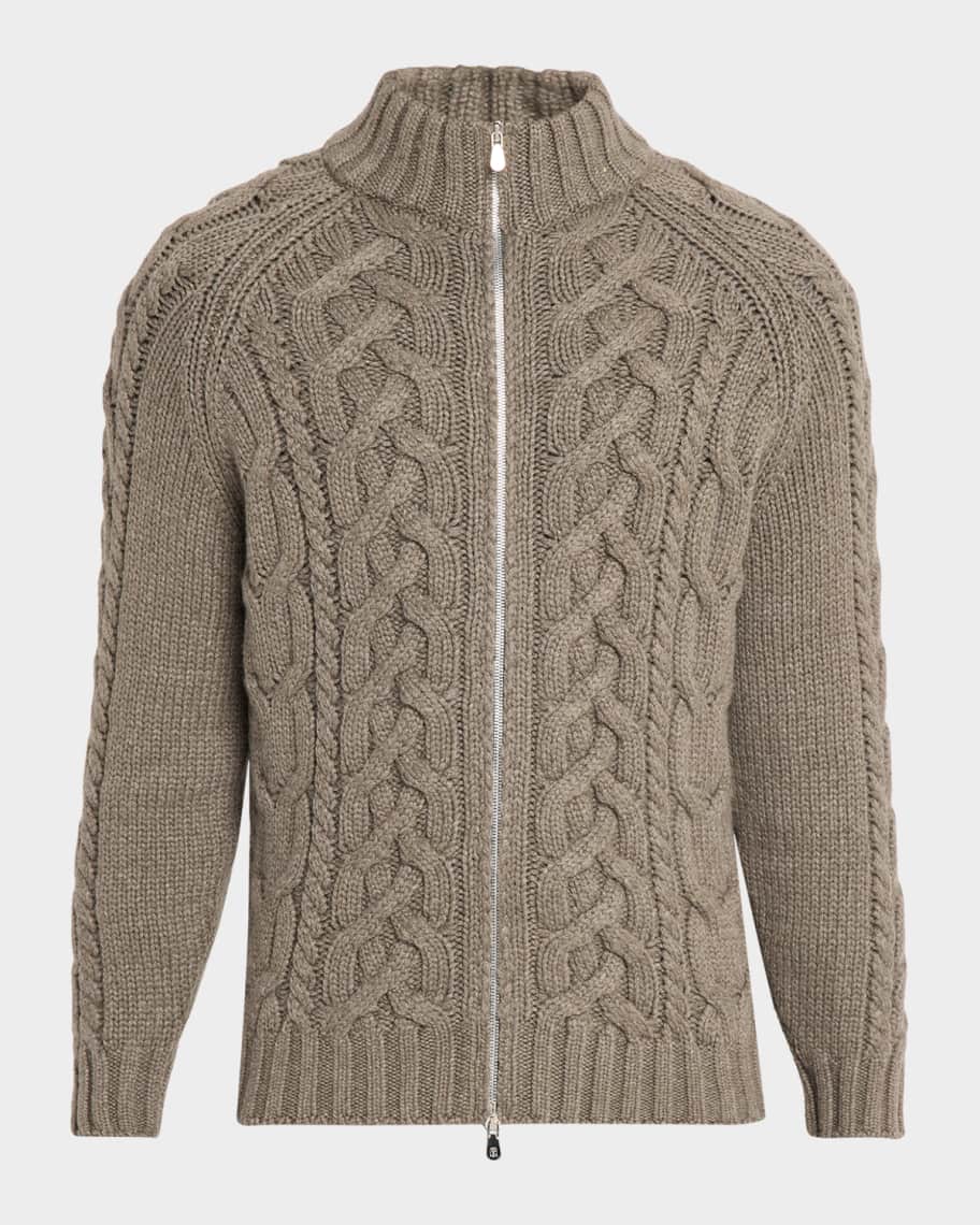 Brunello Cucinelli Men's Lofted Cashmere Cable Knit Full-Zip