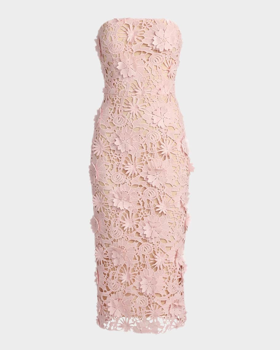 Ieena for Mac Duggal - Pink Strapless 3D Floral Midi Dress - Blush / US 6
