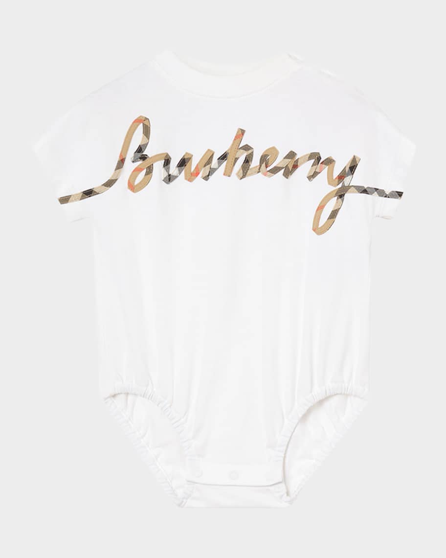 Burberry Kid's Dolby Check Cursive Logo Cotton Bodysuit, Size 1M