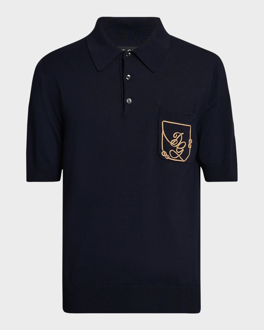 Dolce&Gabbana Men's Pocket-Logo Wool Knit Short-Sleeve Polo