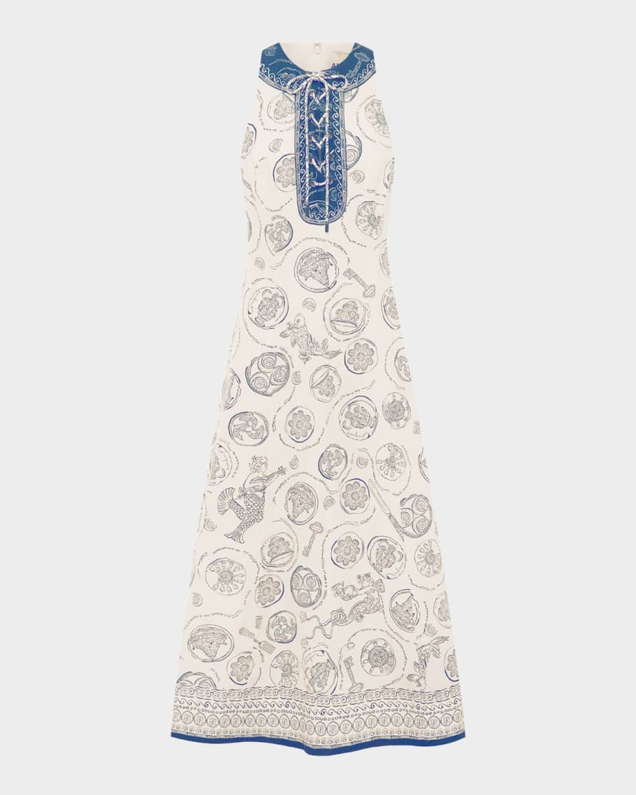 ALEMAIS Lucky Lace-Up Linen Midi Dress | Neiman Marcus