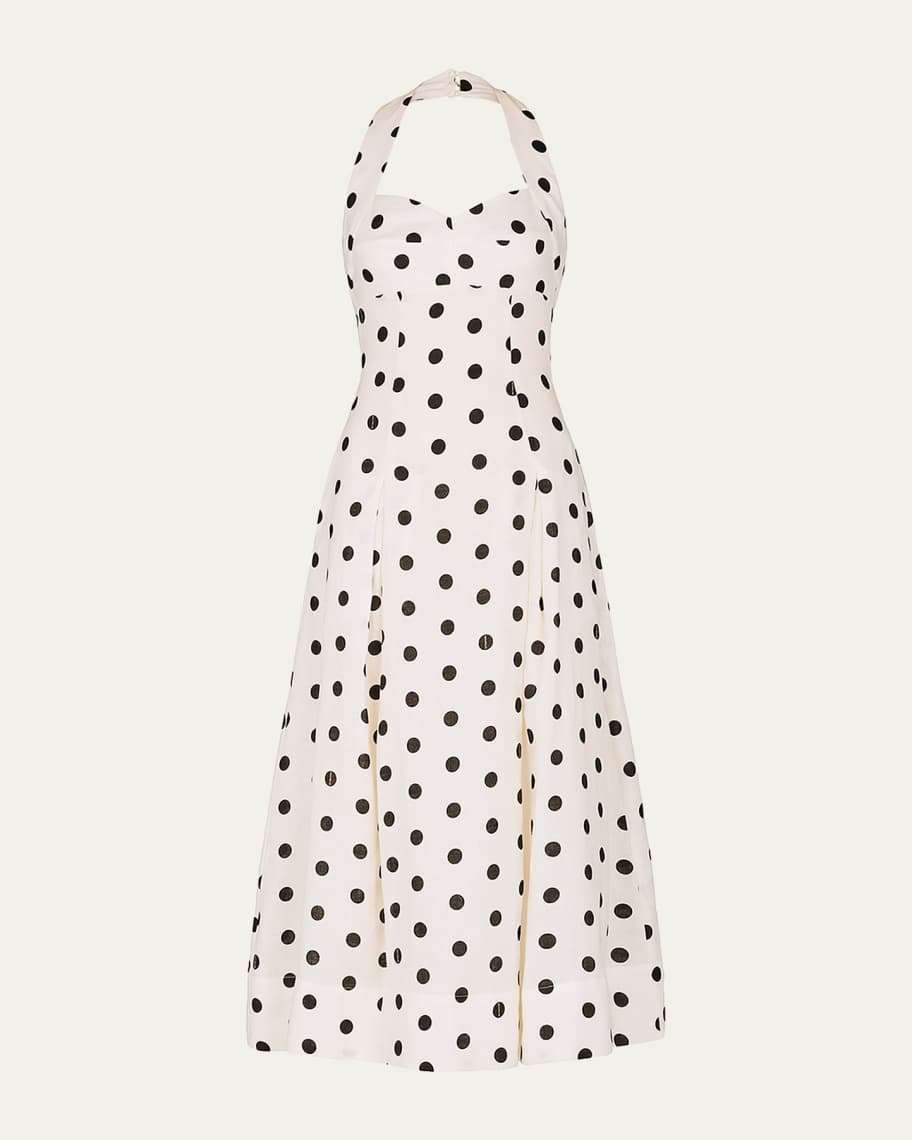 NICHOLAS Seraphina Pleated Polka Dot Halter Midi Dress | Neiman Marcus