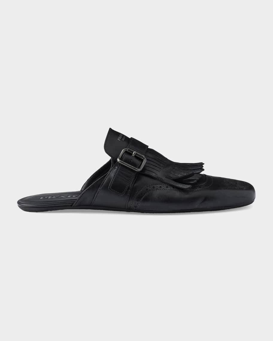 Prada Men's Shuffle Antiqued Leather Monk-Strap Mules with Fringe