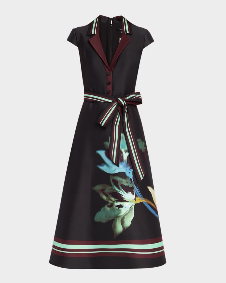 belle badgley mischka floral print halter neck belted midi dress Badgley Mischka Belted Floral Mikado Midi Dress