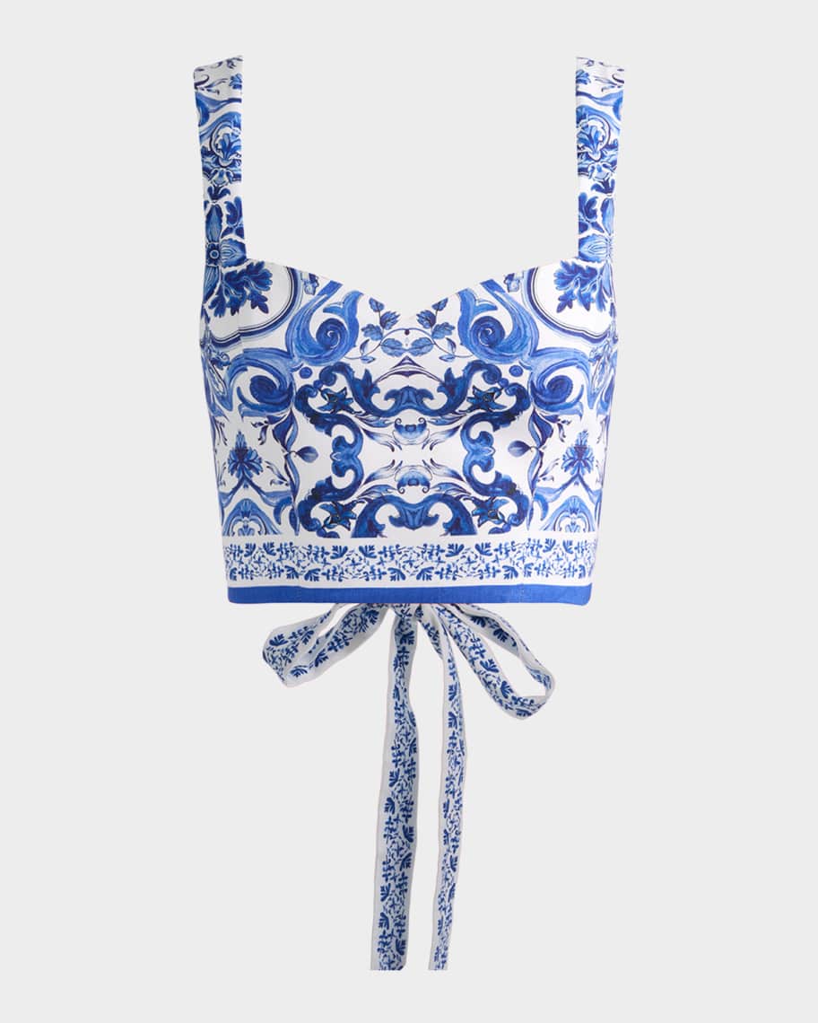 ALICE + OLIVIA Miriam Printed Linen Crop Top | Neiman Marcus