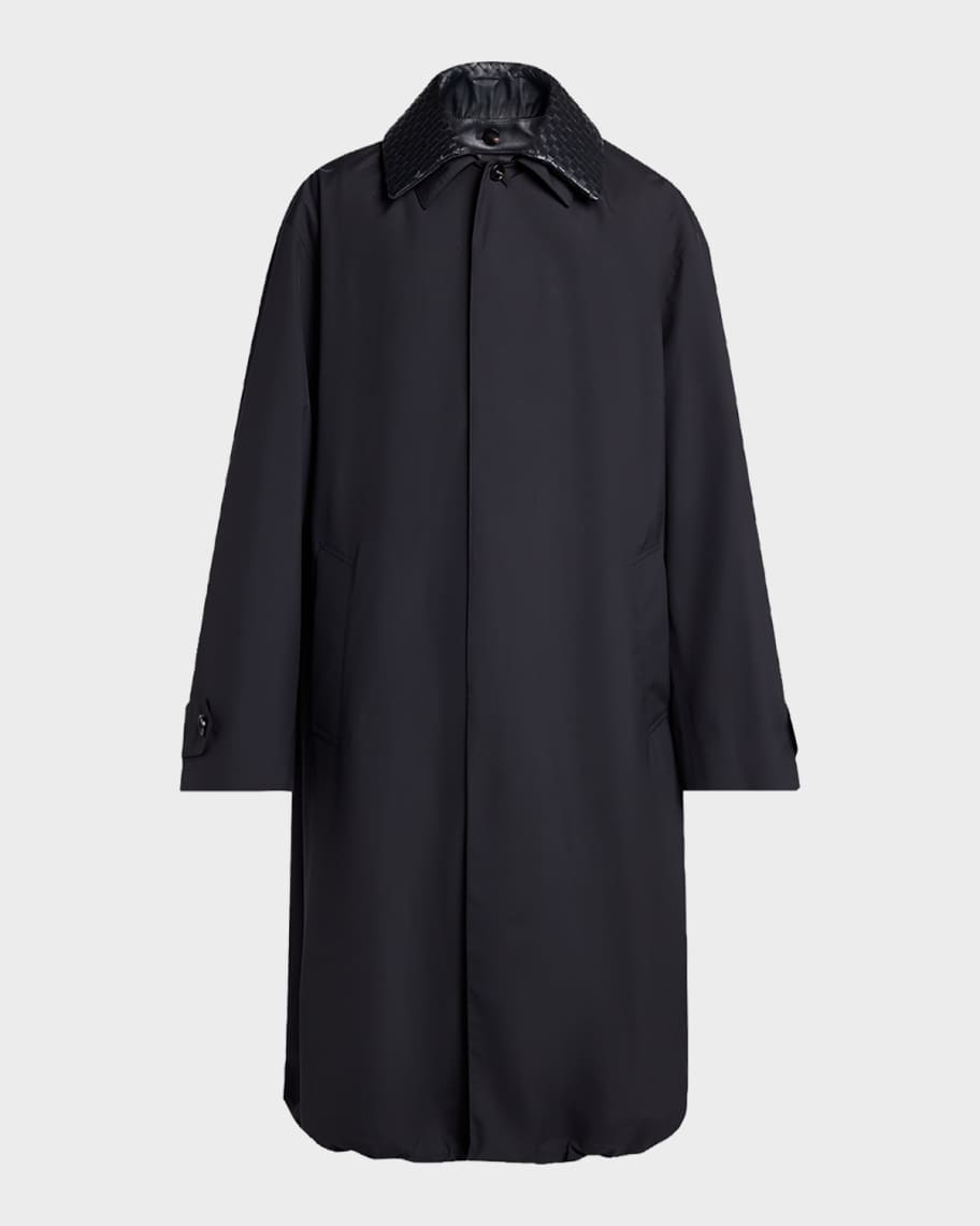 Bottega Veneta Men's Leather Intrecciato-Collar Overcoat | Neiman