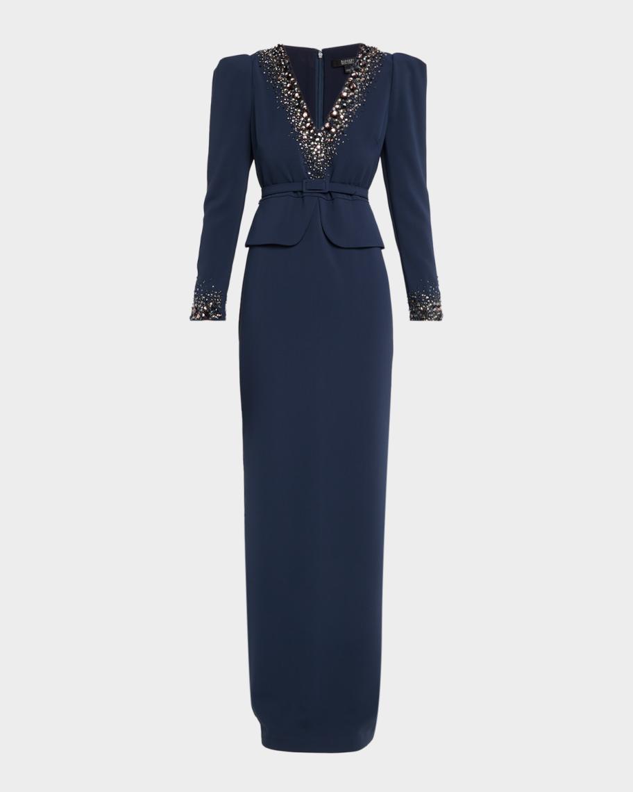 Badgley Mischka Crystal-Embellished Column Gown, Blue, Women's, 14
