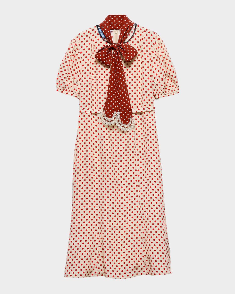Prada Polka-Dot Marocain Midi Dress with Neck-Tie | Neiman Marcus