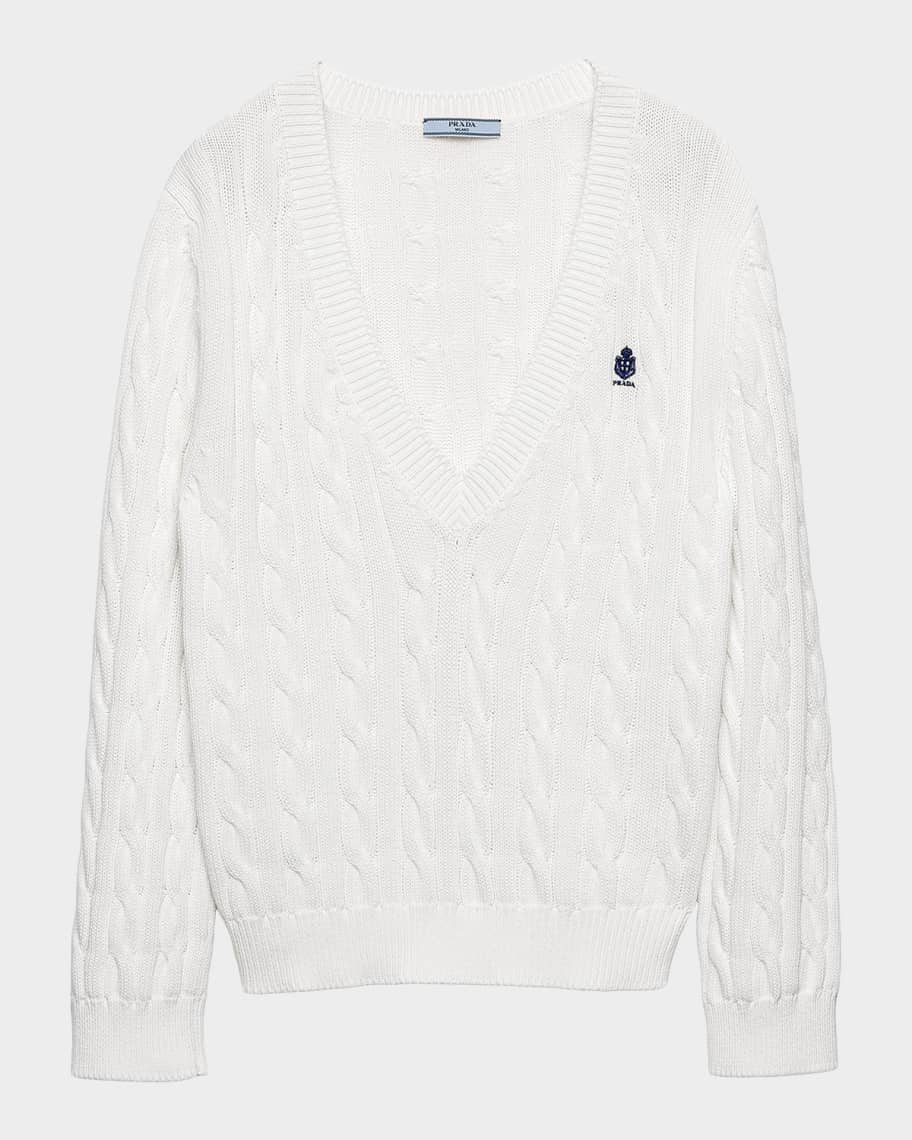 Prada Cable-Knit V-Neck Cotton Sweater | Neiman Marcus