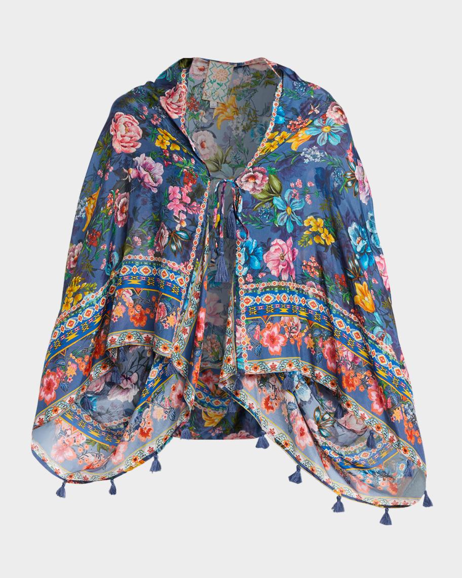 Johnny Was Ercilla Tasseled Floral-Print Silk Wrap Jacket | Neiman