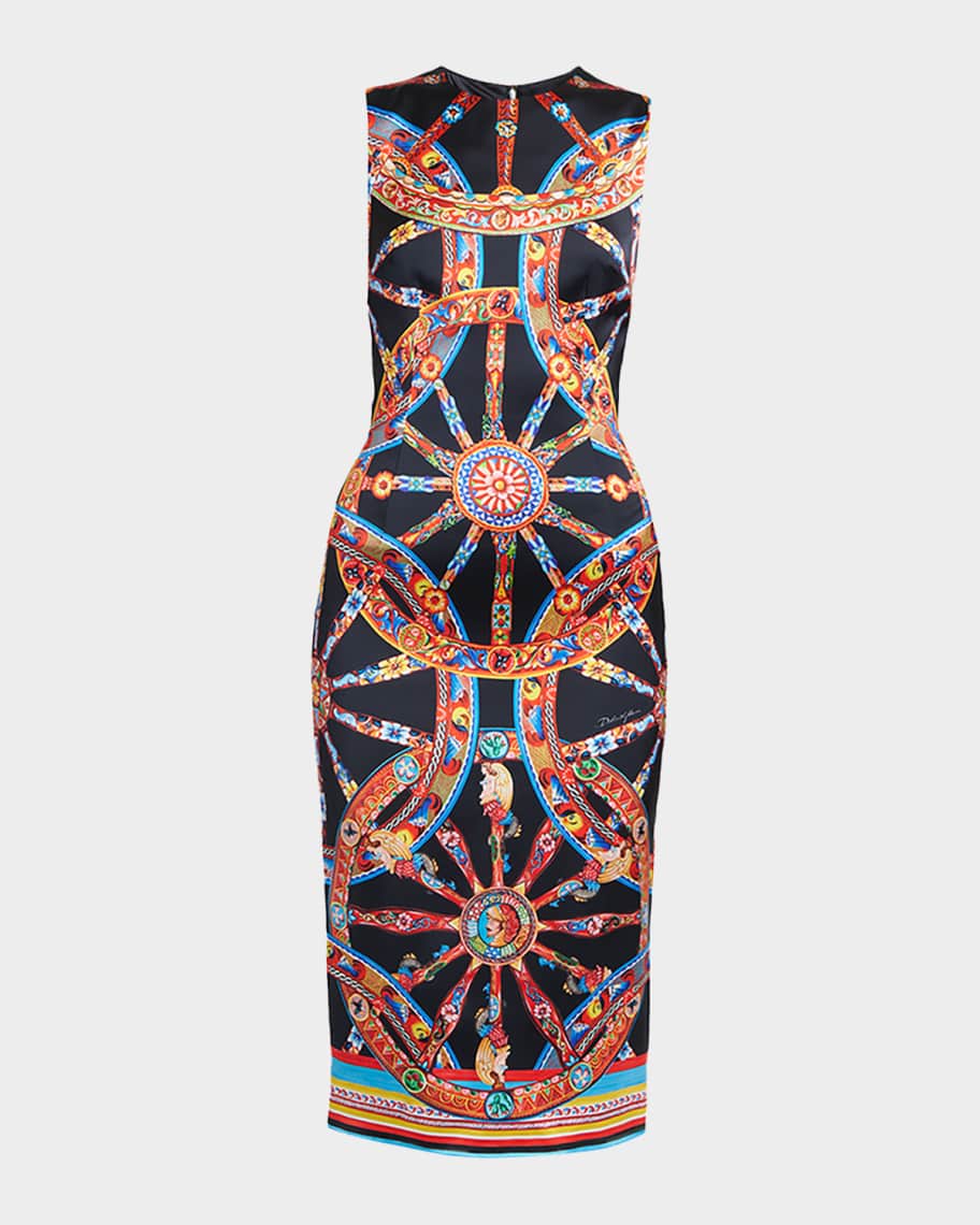 Dolce&Gabbana Sleeveless Carretto-Print Satin Midi Day Dress
