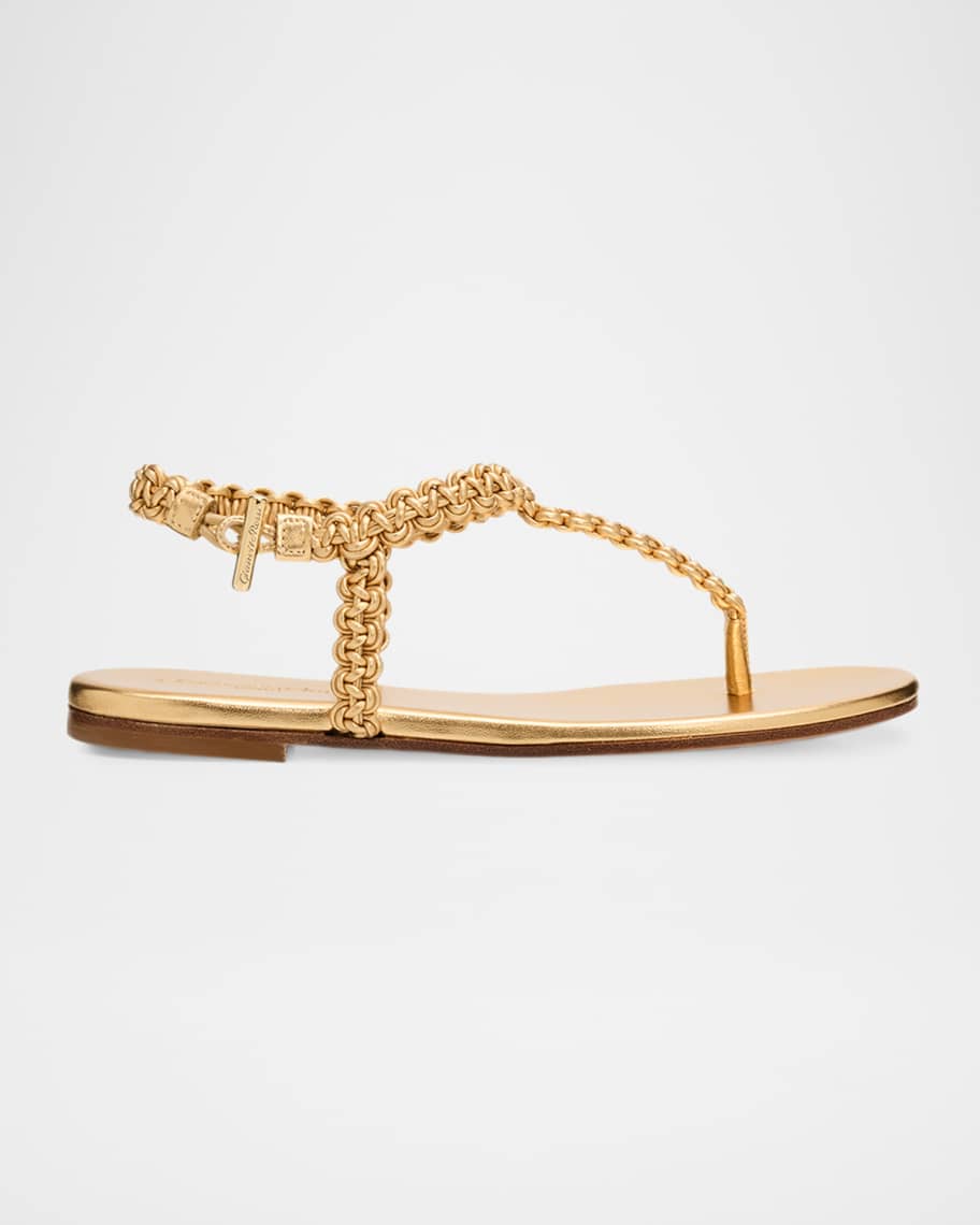 Gianvito Rossi Braided Metallic Leather Flat Thong Sandals