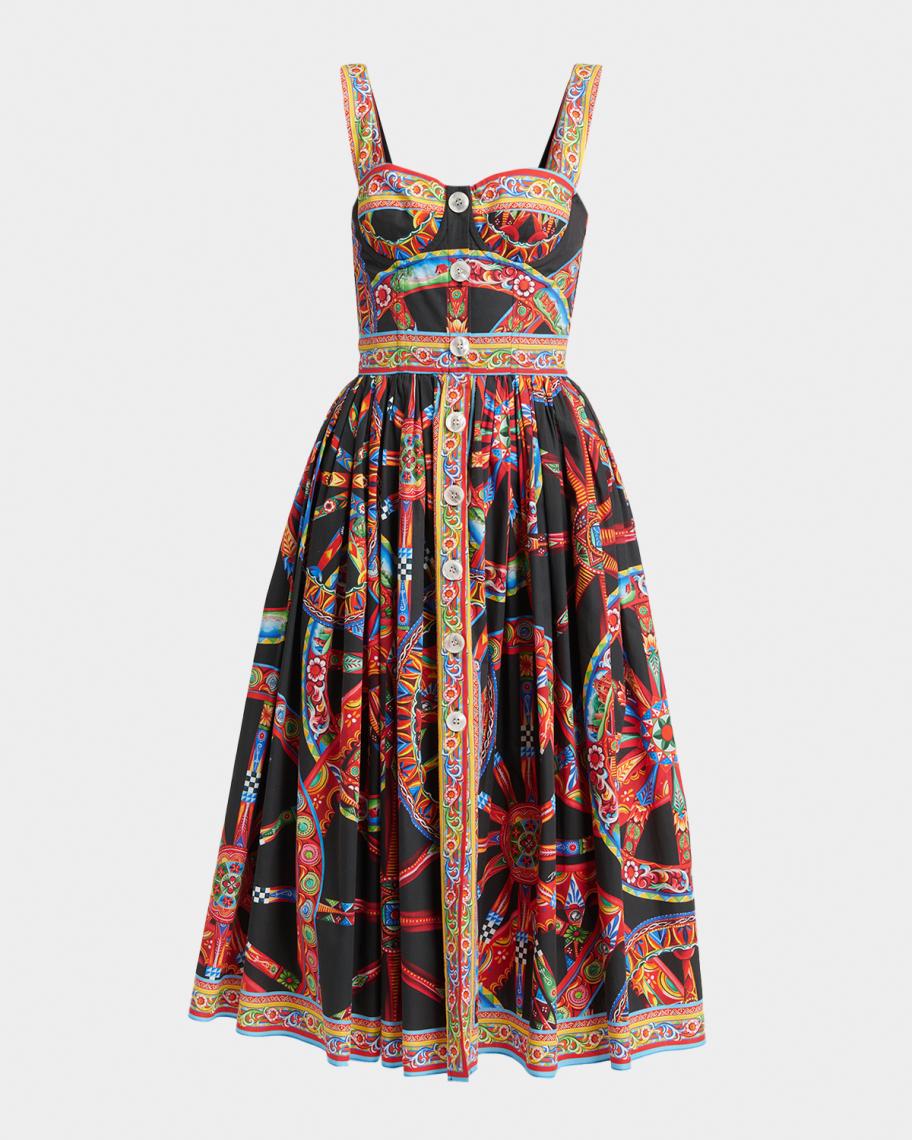 Dolce&Gabbana Sleeveless Carretto-Print Poplin Button-Front Midi