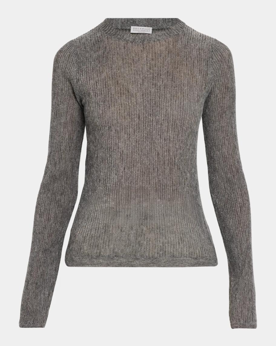 Brunello Cucinelli Metallic Alpaca-Blend Rib Crewneck Sweater
