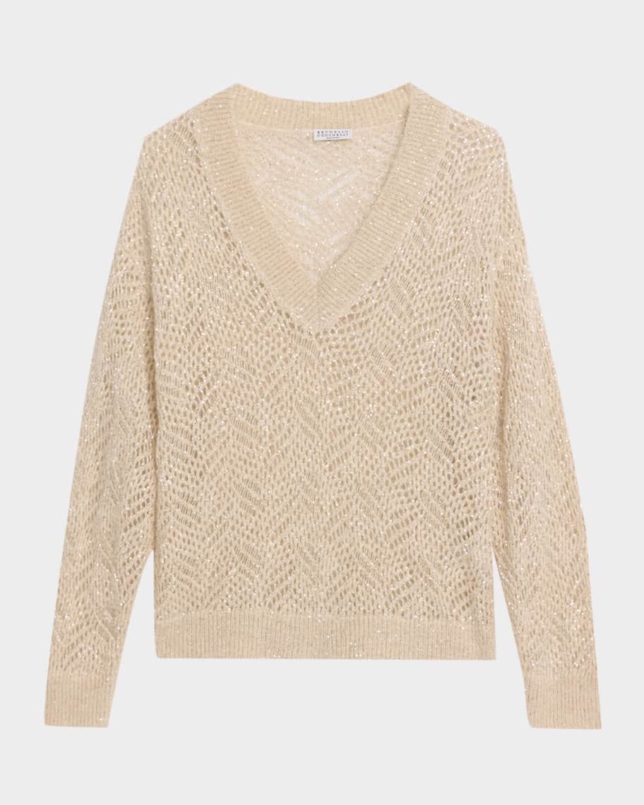 Brunello Cucinelli Sequined Open-Knit Sweater | Neiman Marcus