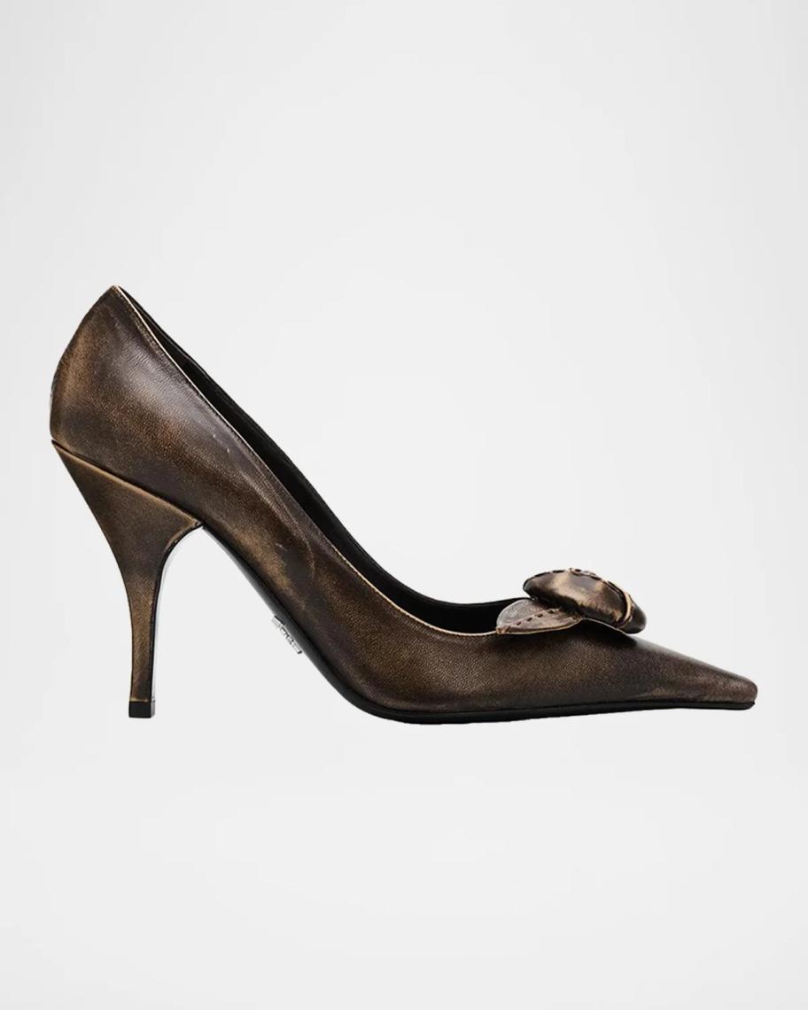 Prada 95mm Rosette Distressed Leather Pumps | Neiman Marcus