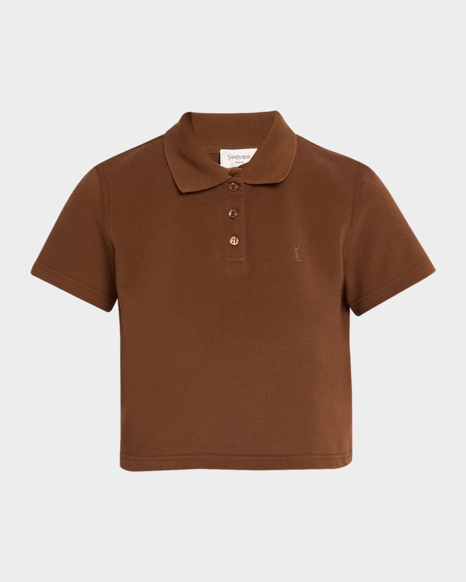 Saint Laurent YSL Cotton Pique Crop Polo Shirt | Neiman Marcus