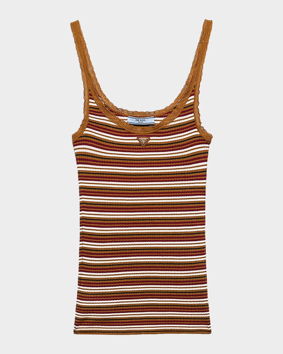 PRADA　プラダ Prada Lace-Trimmed Striped Cotton Tank Top | Neiman Marcus