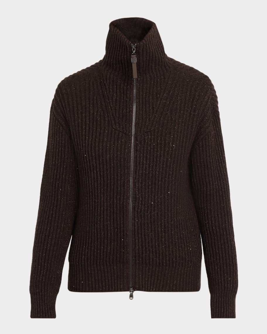 Brunello Cucinelli Shimmering Cashmere-Wool Rib Zip Cardigan