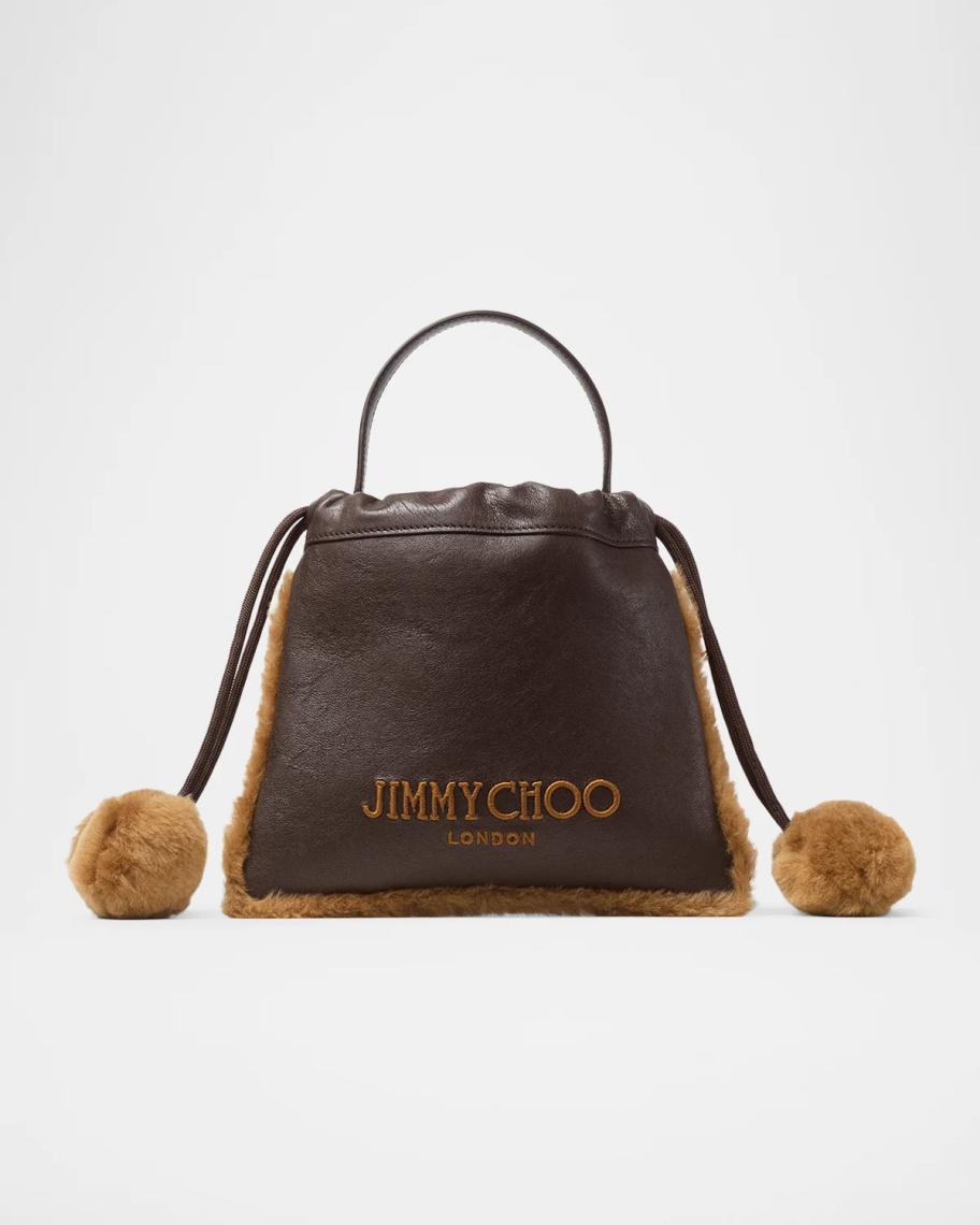 Jimmy Choo Mini Shearling-Trim Leather Drawstring Pouch Bag
