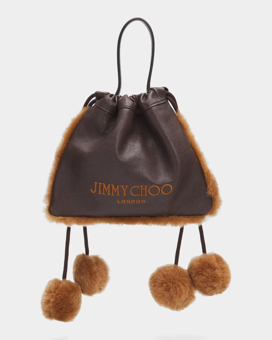 Jimmy Choo Mini Shearling-Trim Leather Drawstring Pouch Bag