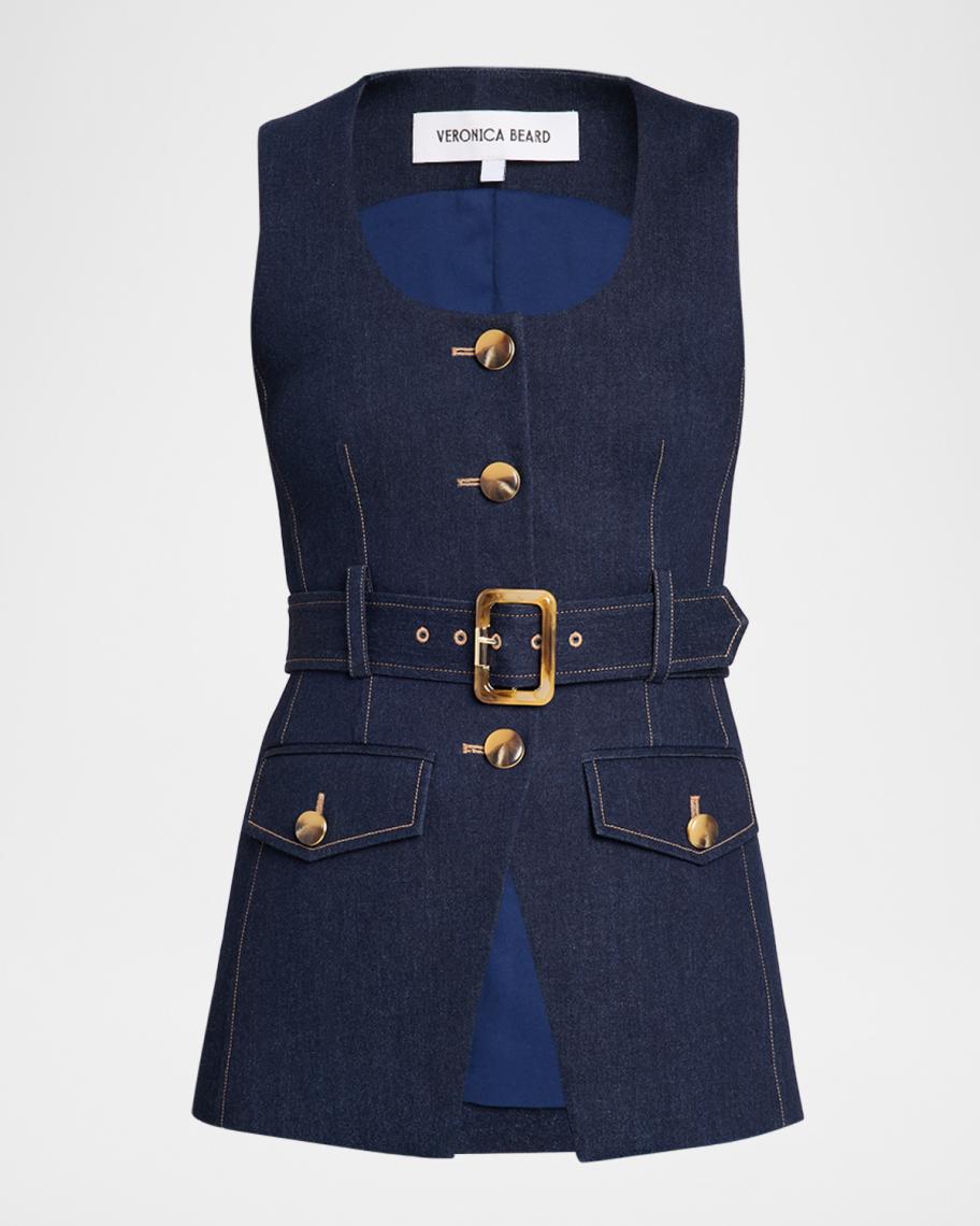 Veronica Beard Becker Stretch-Denim Belted Vest | Neiman Marcus