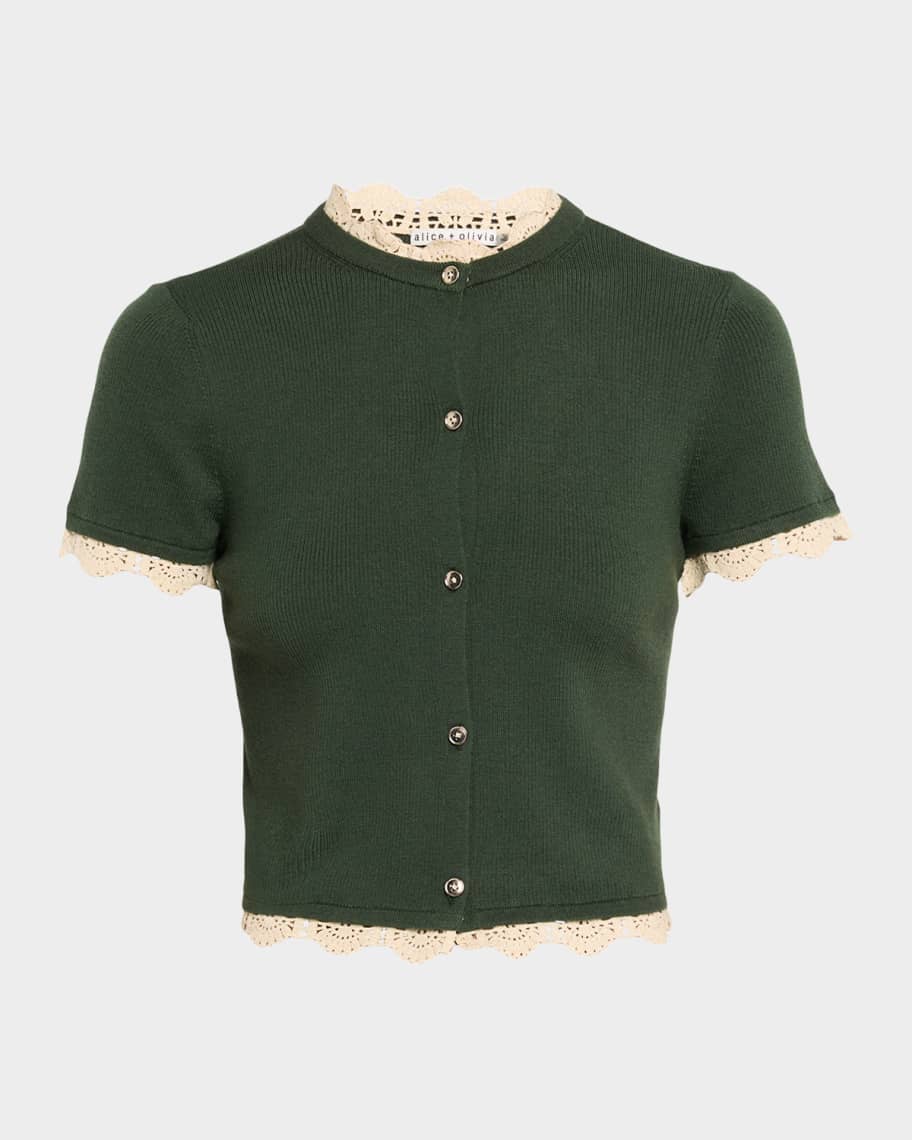 ALICE + OLIVIA Ciara Crochet-Trim Ribbed Cardigan | Neiman Marcus