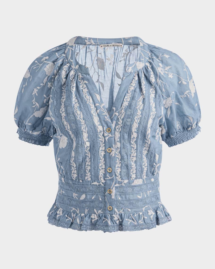 ALICE + OLIVIA Kathryn Embroidered Short-Sleeve Blouse | Neiman Marcus