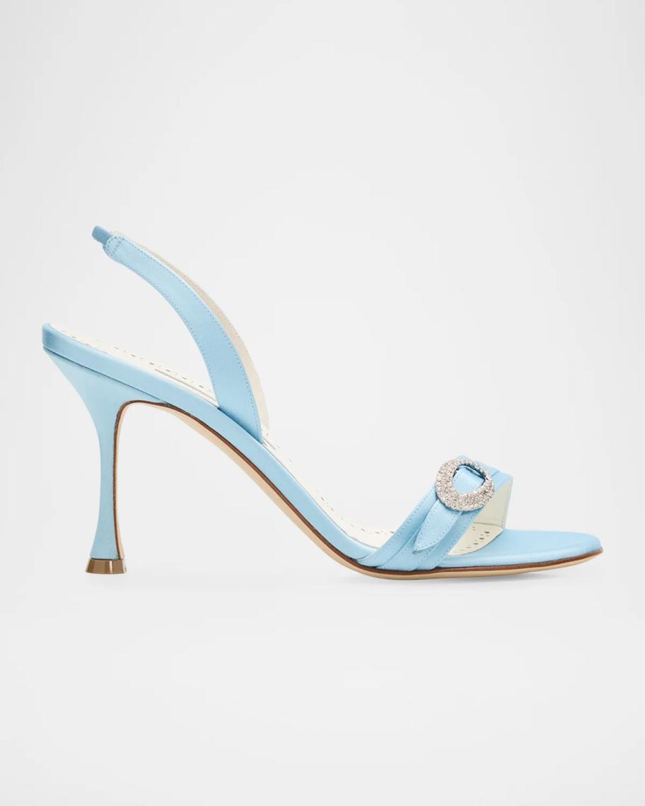 Manolo Blahnik 90mm Zutosan Satin Embellished Buckle Slingback