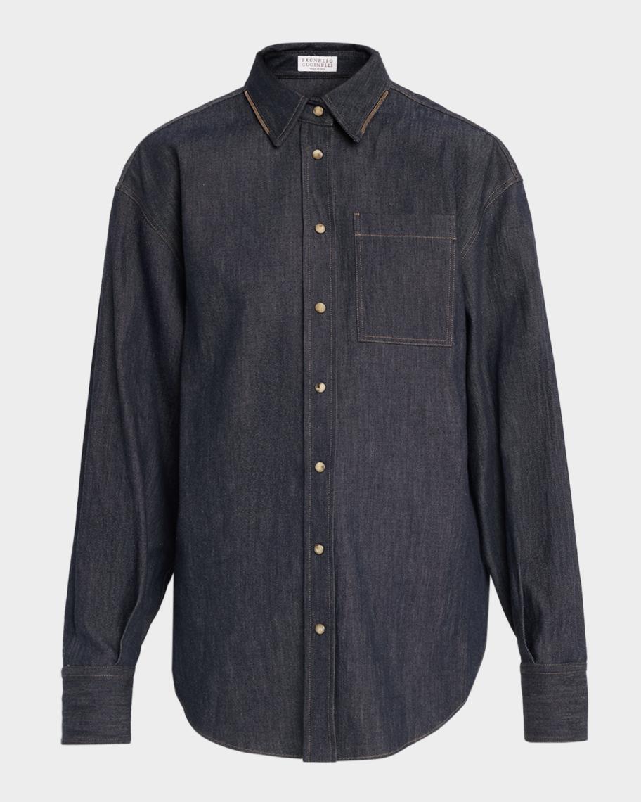 Brunello Cucinelli Monili-Trim Denim Oversized Shirt | Neiman Marcus