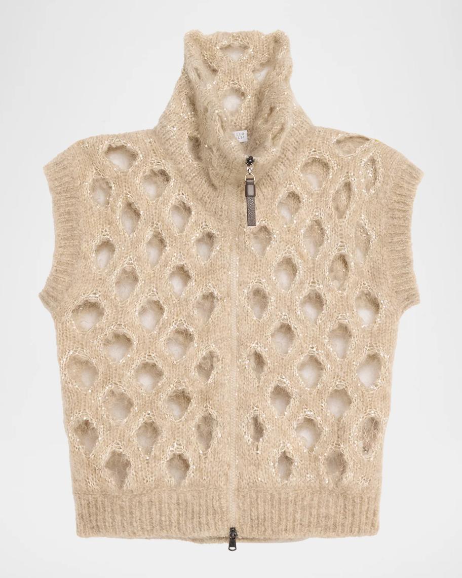 Brunello Cucinelli Turtleneck Paillette Mohair-Blend Open Knit Zip