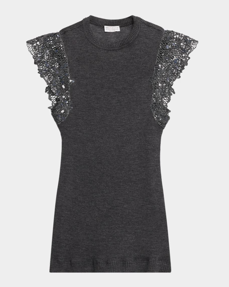 Brunello Cucinelli Shimmer Net Knit Cap-Sleeve Wool Jersey Rib Top