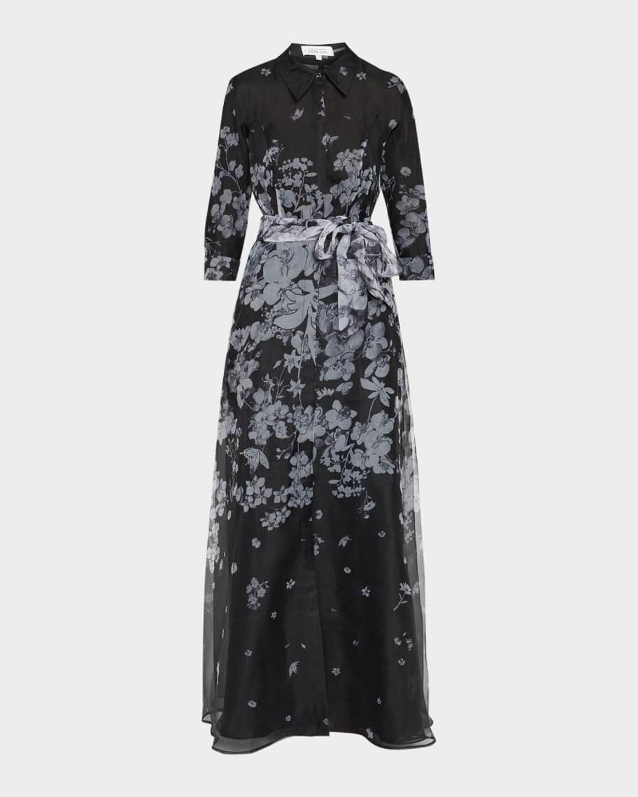 Rickie Freeman for Teri Jon Floral Organza Tie-Waist Shirt Gown