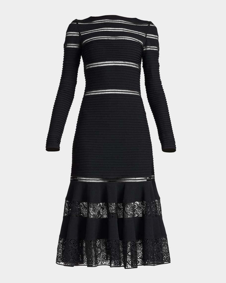 Tadashi Shoji Ribbed Lace-Inset Midi Dress | Neiman Marcus