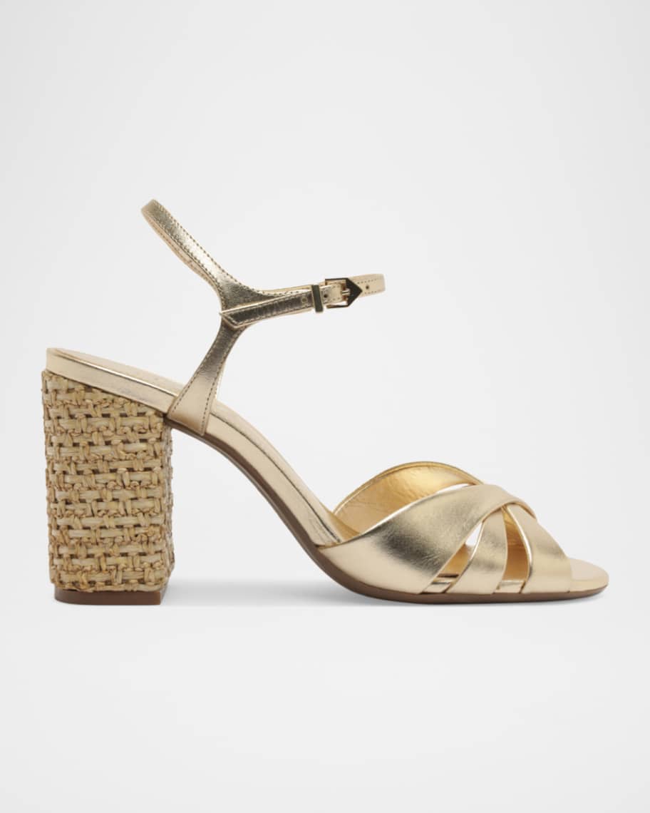 Schutz 90mm Keefa Raffia Block-Heel Sandals | Neiman Marcus