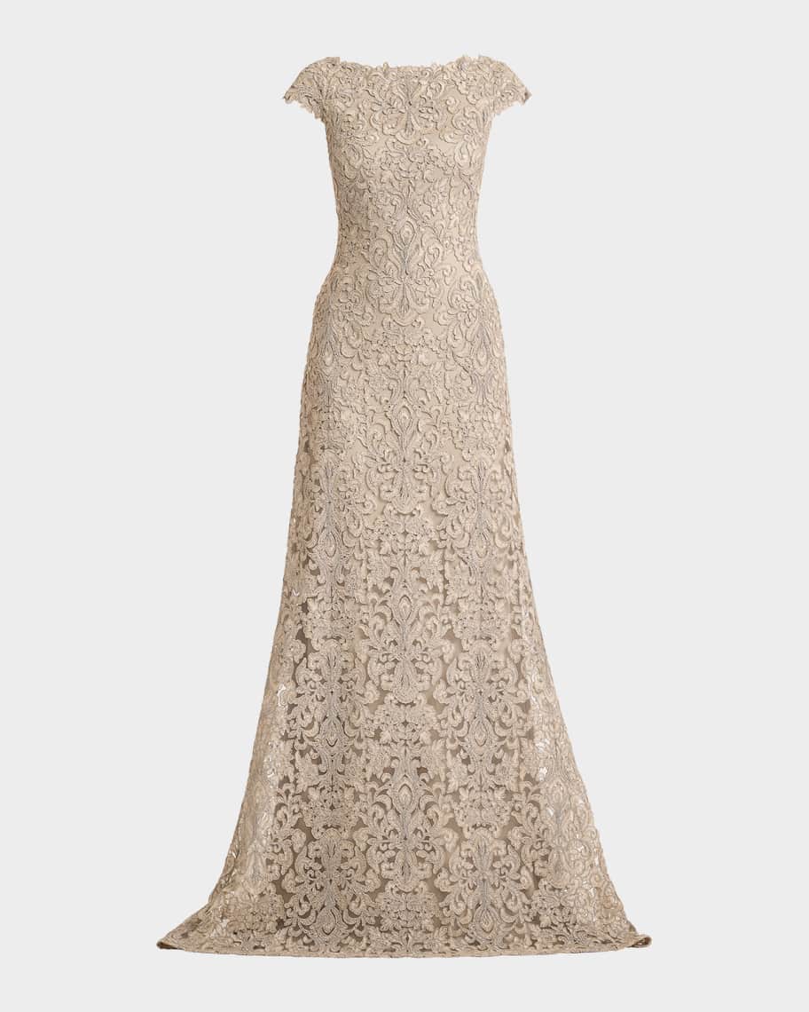 Tadashi Shoji Hoyt Embroidered Cap-Sleeve Gown | Neiman Marcus