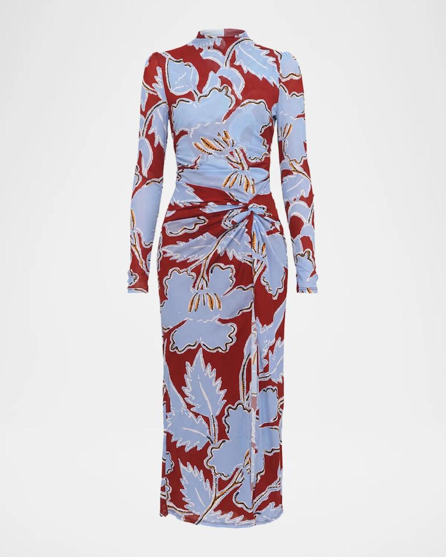 diane von furstenberg blue floral dress Amadis Floral-Print Mesh Midi Color:Butter yellow Billowy in fit VWIWV Women's Sexy Faux Size:0-6M