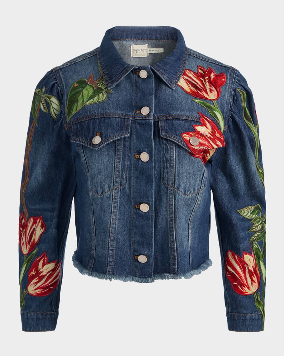 ALICE + OLIVIA Elijah Floral Embroidered Denim Jacket | Neiman Marcus